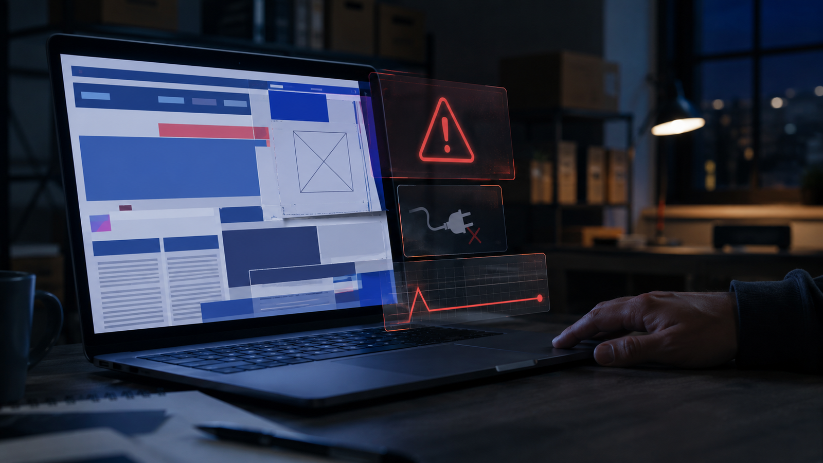 Fehlerhaft dargestellte Website mit Warnhinweis nach einem fehlgeschlagenen Update