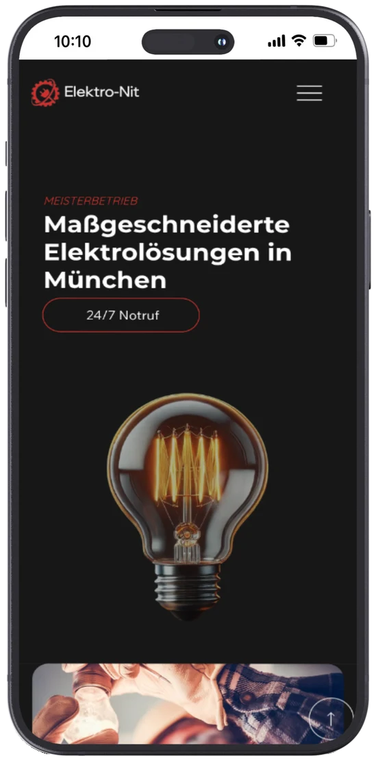 Website für Elektriker: die Seite von Elektro-Nit aus Unterhaching auf dem Handy, gebaut von Eneva Media