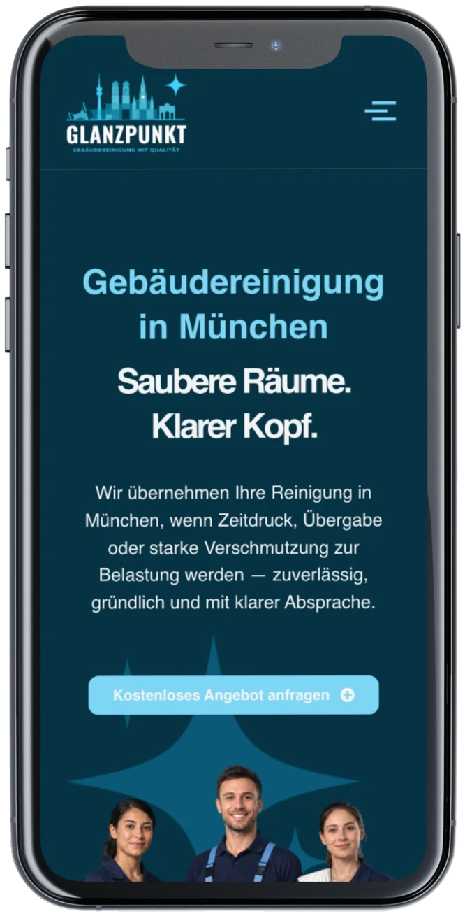 Website für Gebäudereinigung: die Seite von Glanzpunkt aus München auf dem Handy, gebaut von Eneva Media