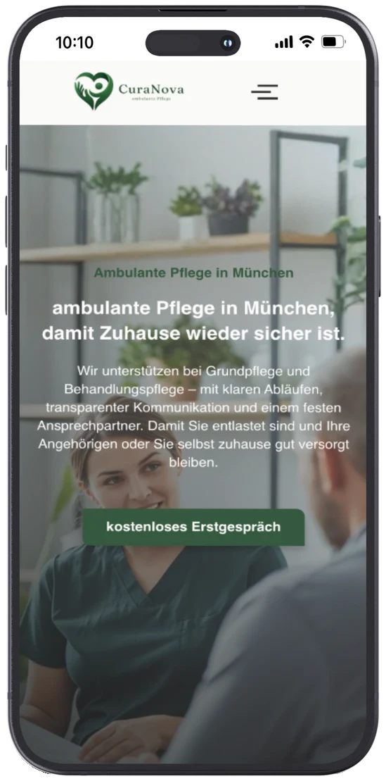 Website für ambulante Pflegedienste: die Seite von CuraNova aus Maisach bei München auf dem Handy, gebaut von Eneva Media